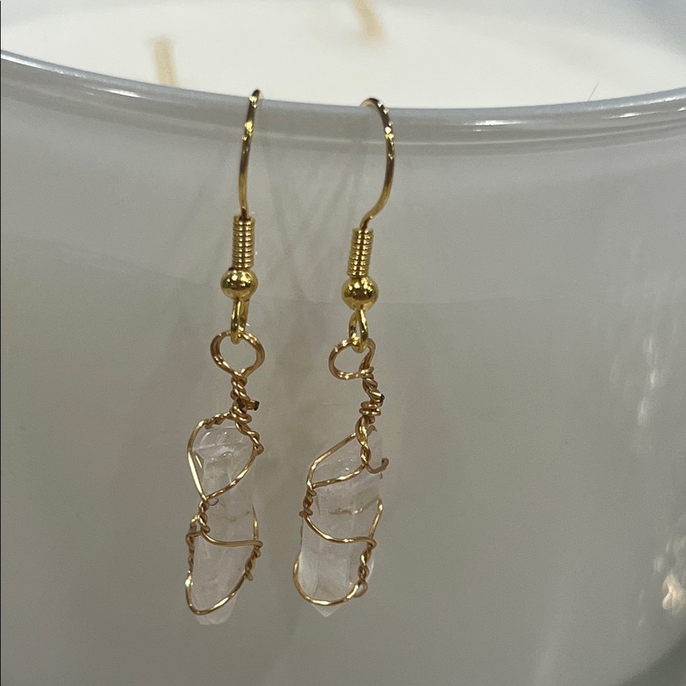 Elegant Gold and Clear Quartz Wire-Wrapped Earrings